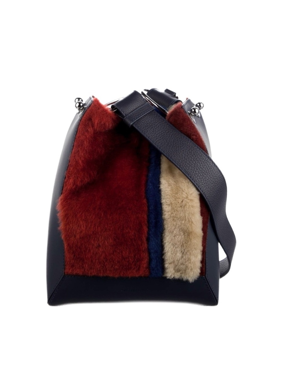 Strathberry LANA Midi BUCKET BAG in Navy Red Green and Natural Shearling